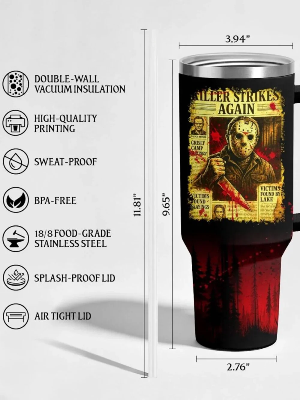 Retro Horror 40 oz Tumbler with Handle - Scary Halloween Drinkware Gift